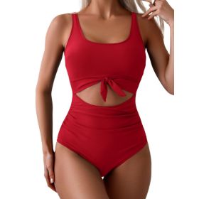 One-piece Female Stitching Contrast Color Strap Covered Belly Swimsuit (Option: Red-M)