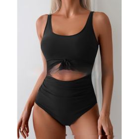 One-piece Female Stitching Contrast Color Strap Covered Belly Swimsuit (Option: Black-XL)