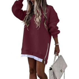 Fall Winter Fashion Stitching Side Zipper Design Pullover Sweater For Women (Option: Wine Red-S)