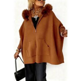 Ins Plush Hooded Cardigan Fashion Warm Pockets Zip-up Knitted Jacket Casual Outerwear Batwing Sleeve Sweater Women's Clothing (Option: Brown-S)