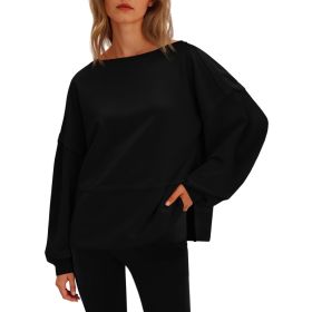 Fisoew Womens Casual Crewneck Sweatshirts Lantern Long Sleeve Side Slit Loose Sweatshirt Fall Crop Pullover Tops (Option: Black-XXL)