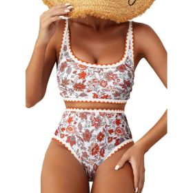 Fashion Paisley Pattern Floral Edge Sexy Bikini Swimsuit (Option: Orange Red-S)