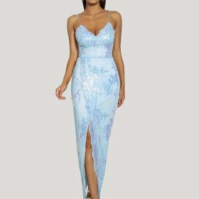 Floral Sequined Dress, Sexy Spaghetti Strap Sleeveless Party Dress, Women's Clothing (Color: Sky Blue, size: L(8/10))