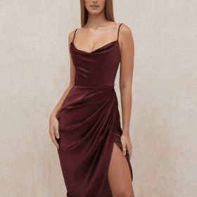 Solid Asymmetrical Sleeveless Cami Dress; Sexy Smooth Split Slim Midi Dress; Women's Clothing (Color: Burgundy, size: XL(12))