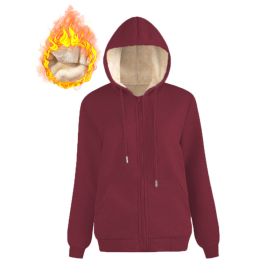 Warm Berber Fleece Pocket Hooded Sweatshirt Coat (Option: Wine Red Thread Zipper-S)