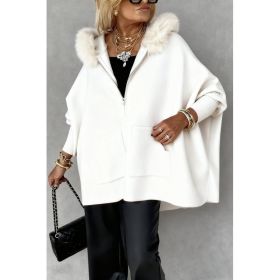 Ins Plush Hooded Cardigan Fashion Warm Pockets Zip-up Knitted Jacket Casual Outerwear Batwing Sleeve Sweater Women's Clothing (Option: White-M)