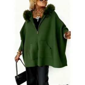 Ins Plush Hooded Cardigan Fashion Warm Pockets Zip-up Knitted Jacket Casual Outerwear Batwing Sleeve Sweater Women's Clothing (Option: Green-M)