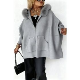 Ins Plush Hooded Cardigan Fashion Warm Pockets Zip-up Knitted Jacket Casual Outerwear Batwing Sleeve Sweater Women's Clothing (Option: Gray-M)