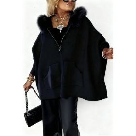 Ins Plush Hooded Cardigan Fashion Warm Pockets Zip-up Knitted Jacket Casual Outerwear Batwing Sleeve Sweater Women's Clothing (Option: Black-L)
