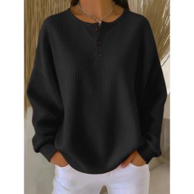 Ins Waffle Long-sleeved T-shirt Fashion Solid Color Buttons Round Neck Pullover Top Women's Clothing (Option: Black-4XL)