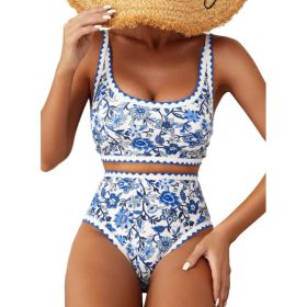 Fashion Paisley Pattern Floral Edge Sexy Bikini Swimsuit (Option: Blue-L)