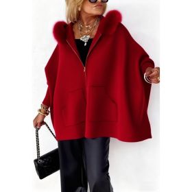 Ins Plush Hooded Cardigan Fashion Warm Pockets Zip-up Knitted Jacket Casual Outerwear Batwing Sleeve Sweater Women's Clothing (Option: Red-L)