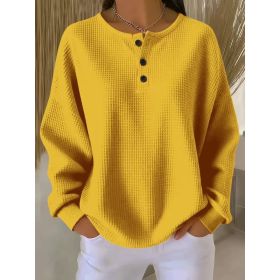 Ins Waffle Long-sleeved T-shirt Fashion Solid Color Buttons Round Neck Pullover Top Women's Clothing (Option: Yellow-L)