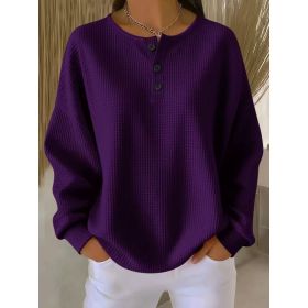 Ins Waffle Long-sleeved T-shirt Fashion Solid Color Buttons Round Neck Pullover Top Women's Clothing (Option: Purple-L)