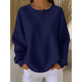 Ins Waffle Long-sleeved T-shirt Fashion Solid Color Buttons Round Neck Pullover Top Women's Clothing (Option: Dark Blue-L)